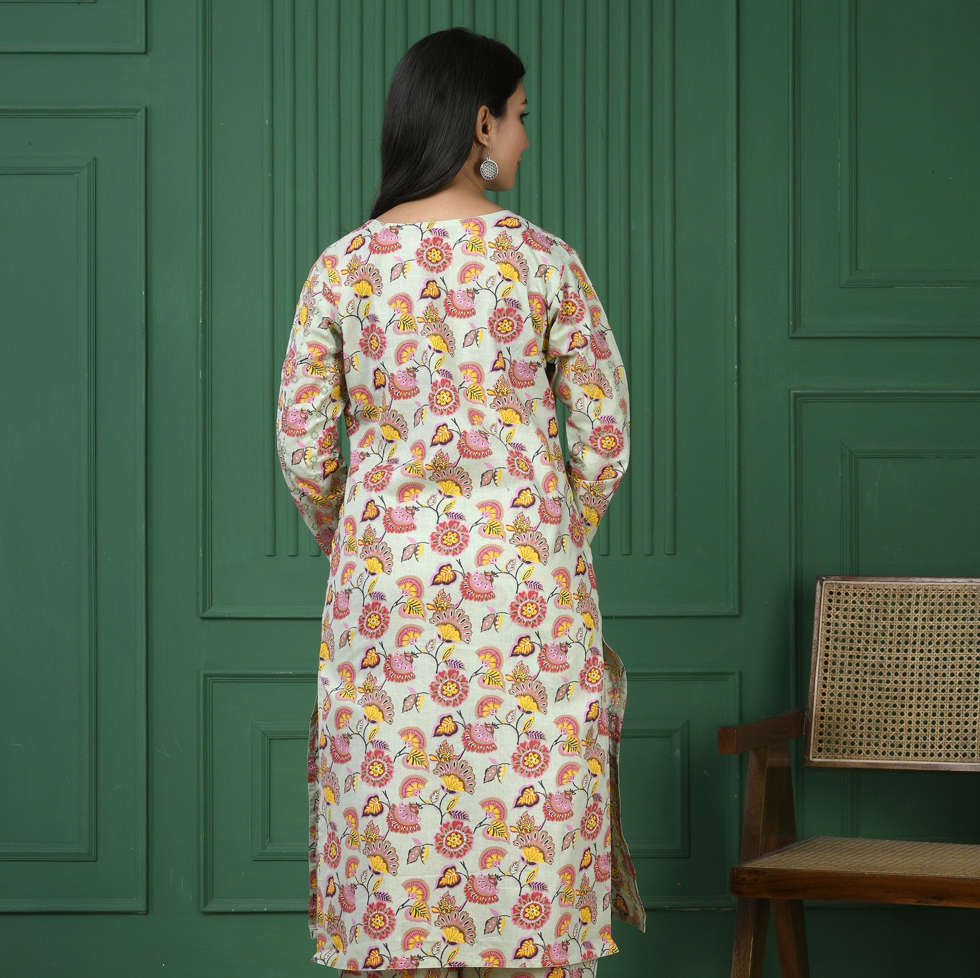 Pure cotton floral print kurti - Parrot Green