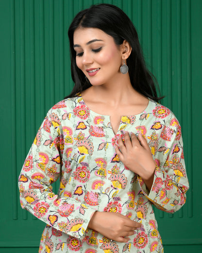 Pure cotton floral print kurti &amp; Plazo set - Parrot Green