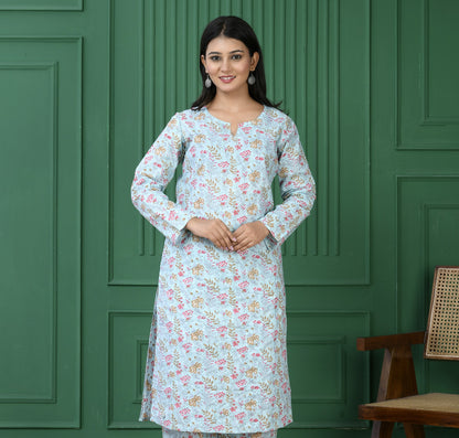 Pure cotton floral print kurti - Blue