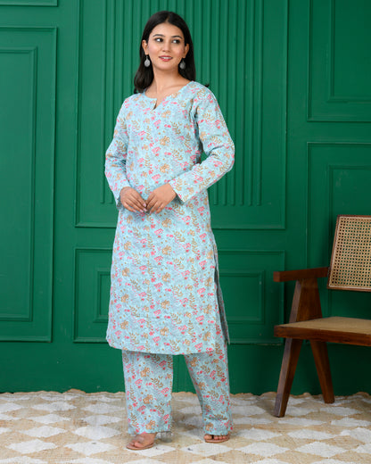 Pure cotton floral print kurti &amp; Plazo set - Blue