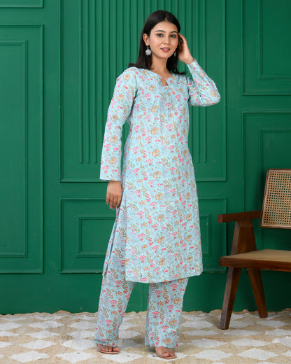 Pure cotton floral print kurti &amp; Plazo set - Blue