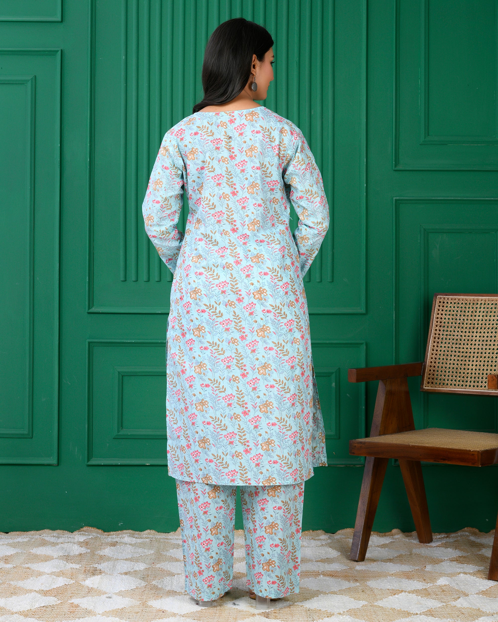 Pure cotton floral print kurti &amp; Plazo set - Blue