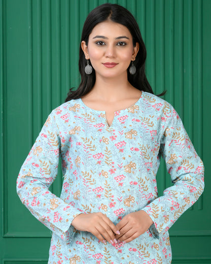 Pure cotton floral print kurti &amp; Plazo set - Blue