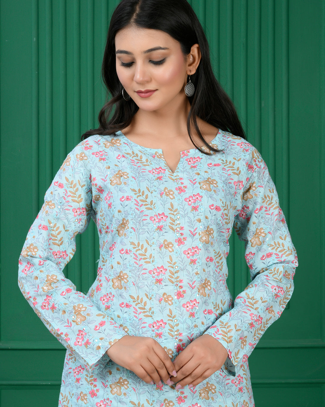 Pure cotton floral print kurti - Blue