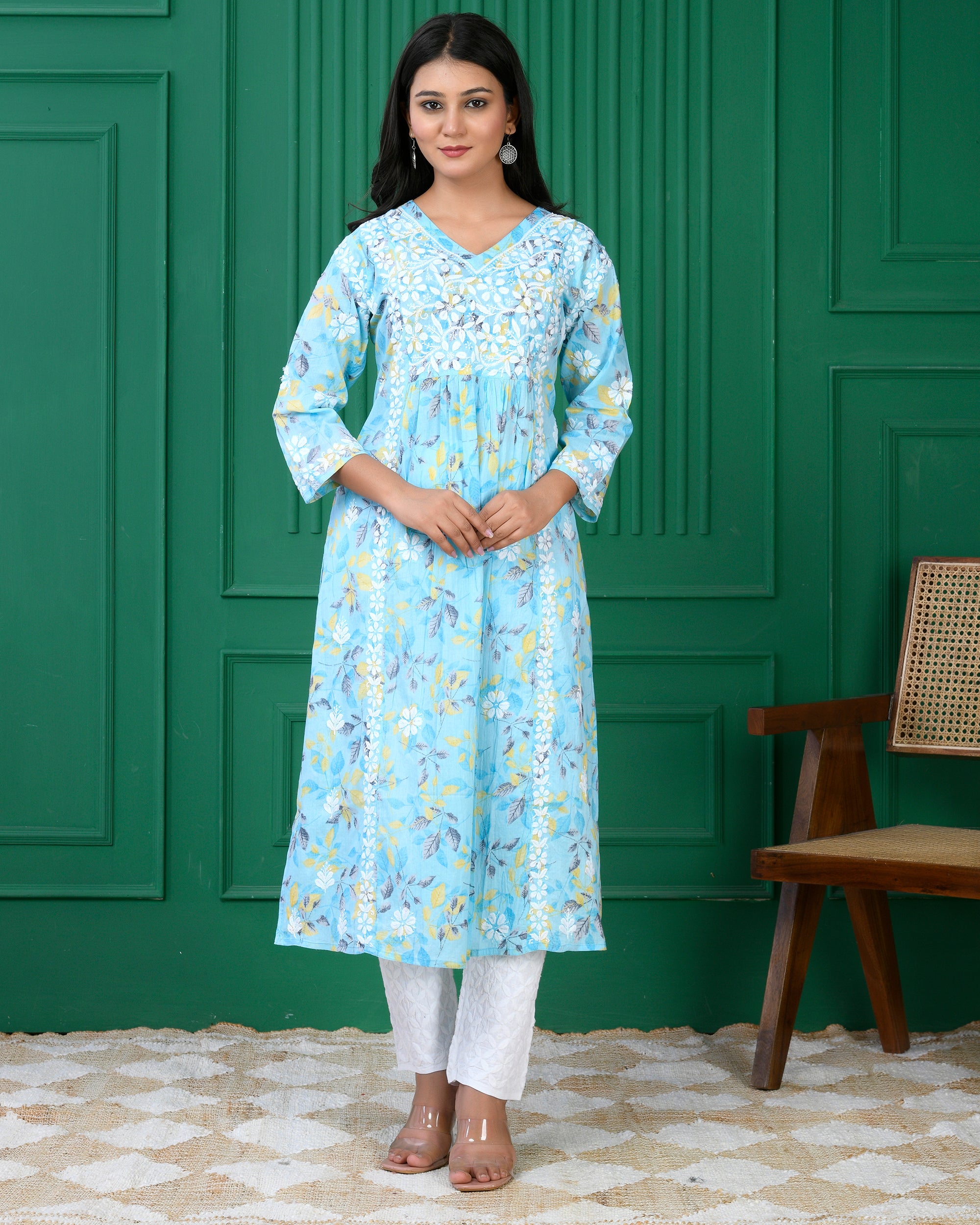 Mul Printed Hand Embroidery Chikankari Kurta- Aque Blue