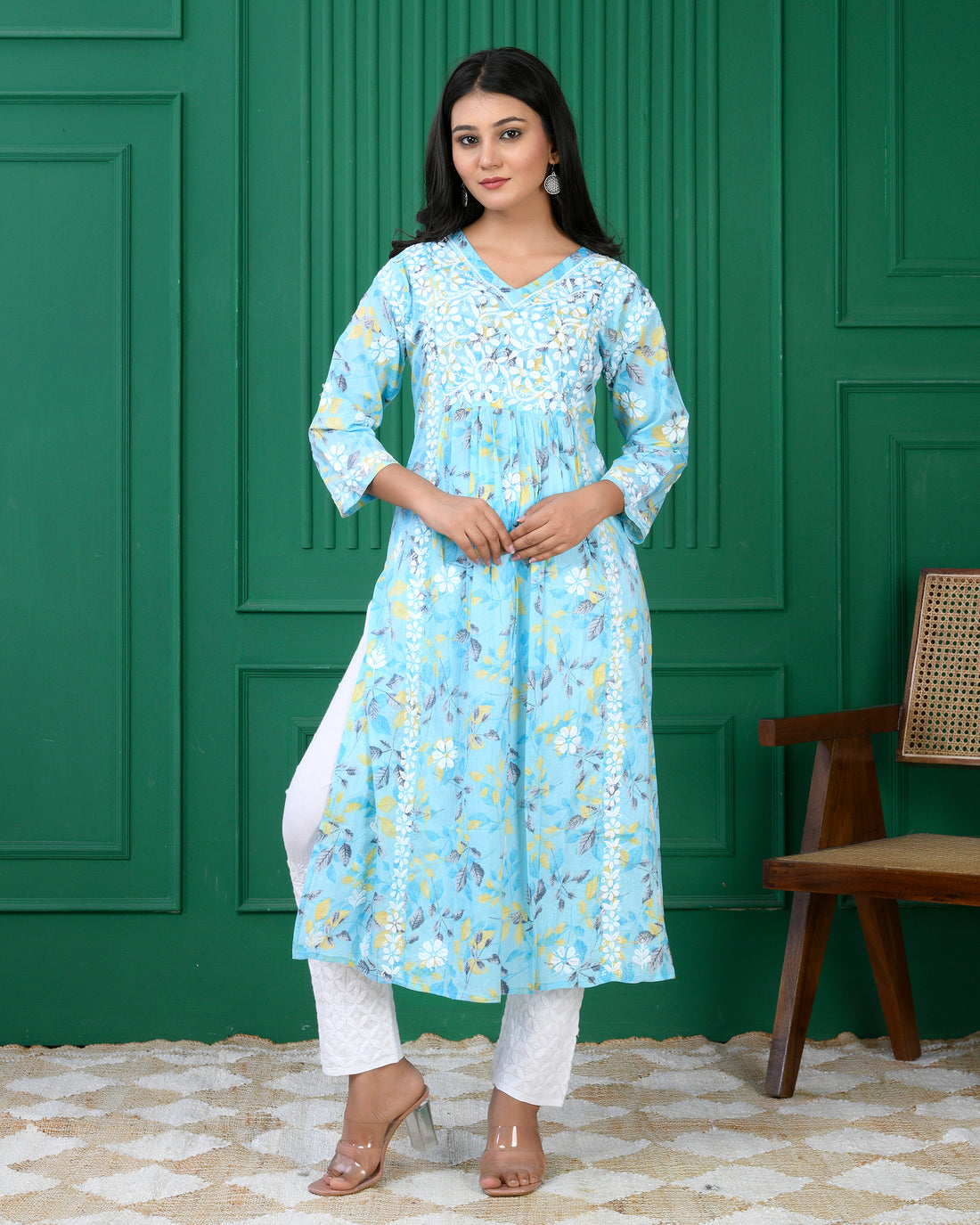 Mul Printed Hand Embroidery Chikankari Kurta- Aque Blue