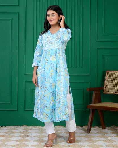 Mul Printed Hand Embroidery Chikankari Kurta- Aque Blue