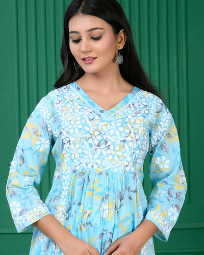 Mul Printed Hand Embroidery Chikankari Kurta- Aque Blue