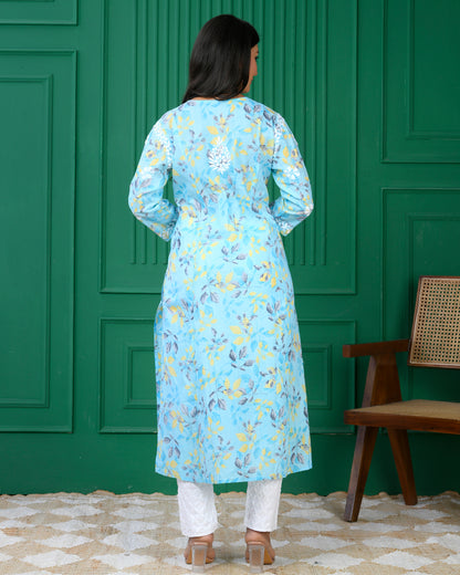 Mul Printed Hand Embroidery Chikankari Kurta- Aque Blue