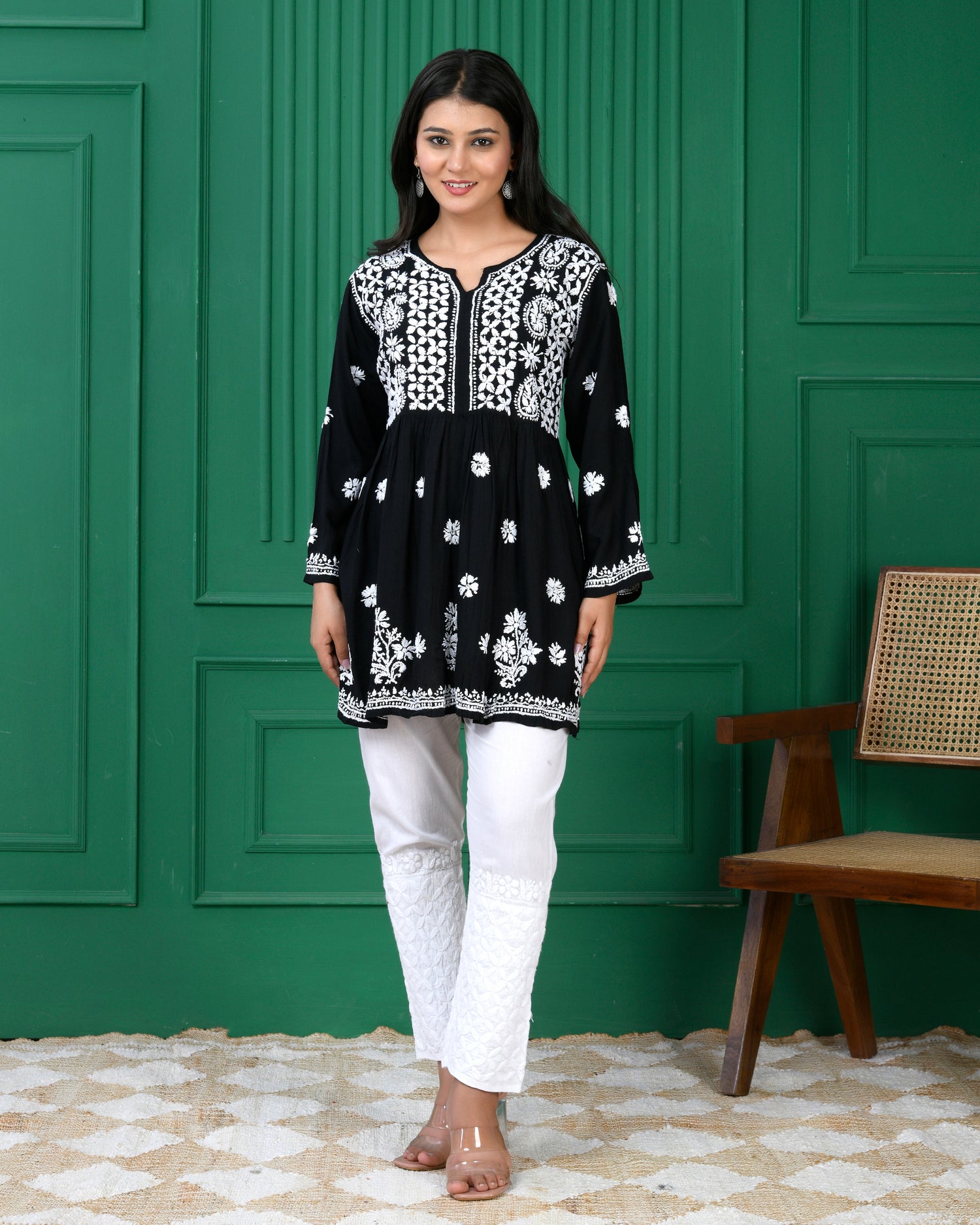 Chikankari Short Rayon Kurti - Black