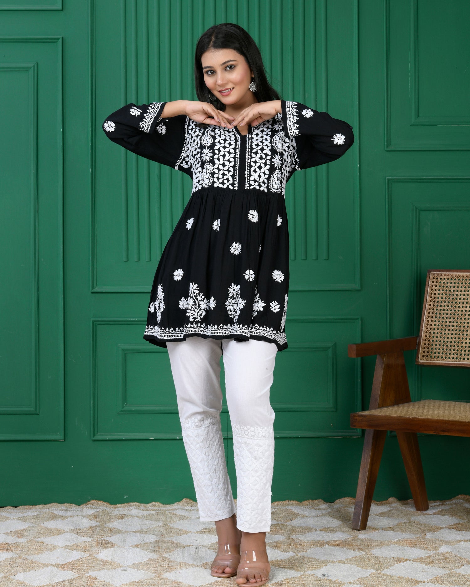 Chikankari Short Rayon Kurti - Black