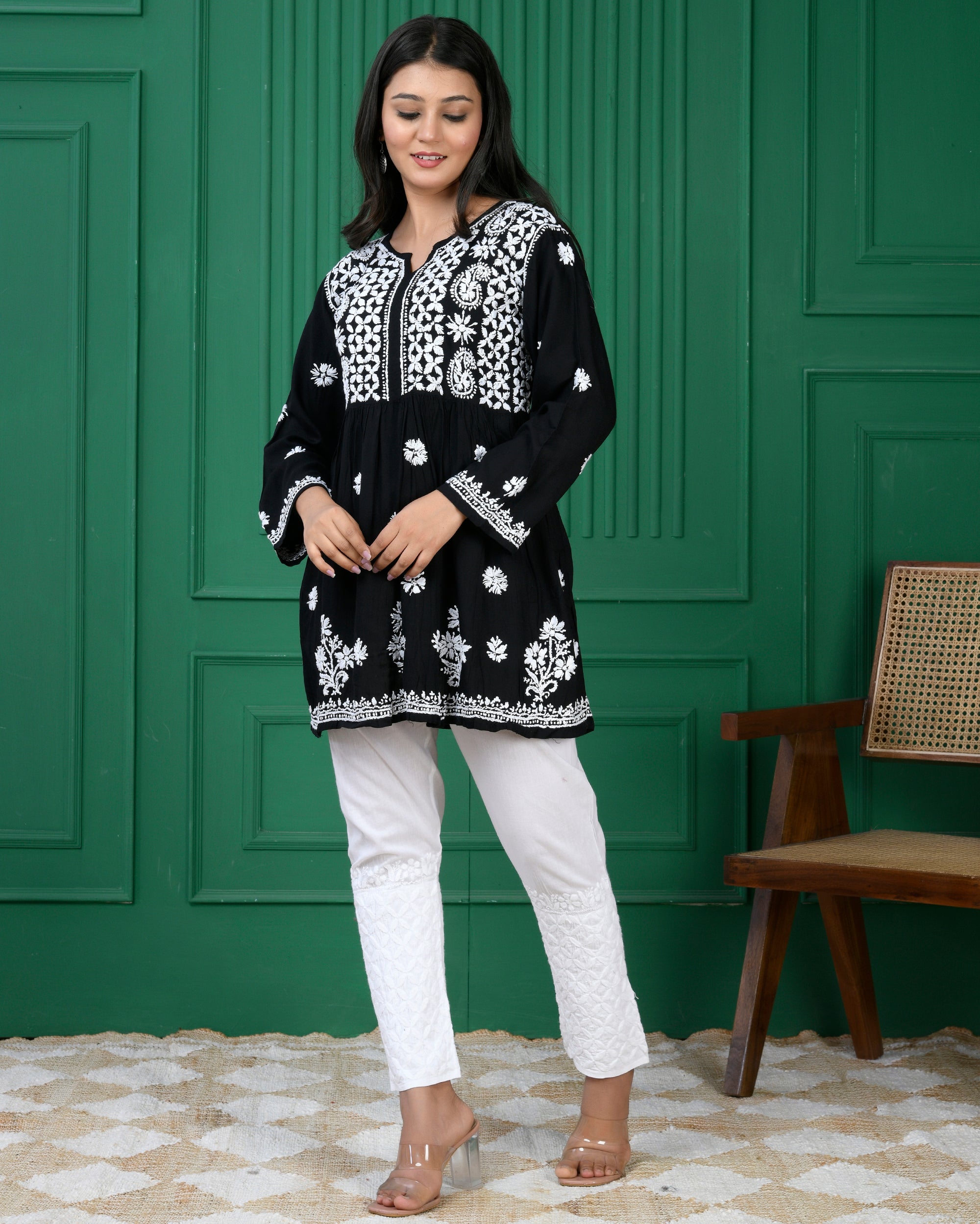 Chikankari Short Rayon Kurti - Black