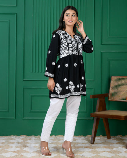 Chikankari Short Rayon Kurti - Black