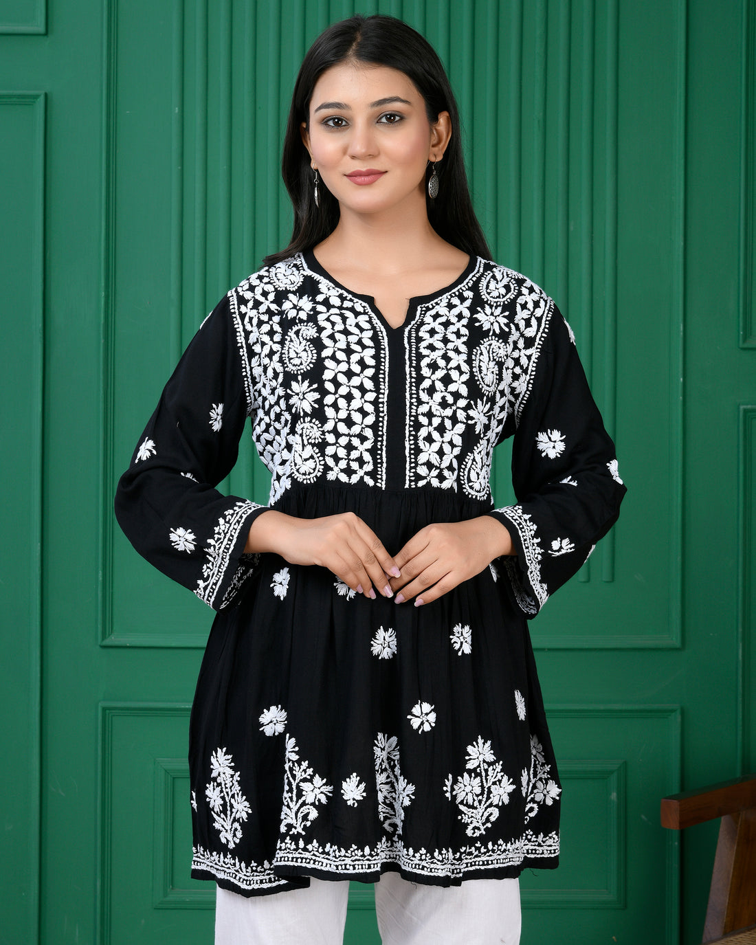 Chikankari Short Rayon Kurti - Black