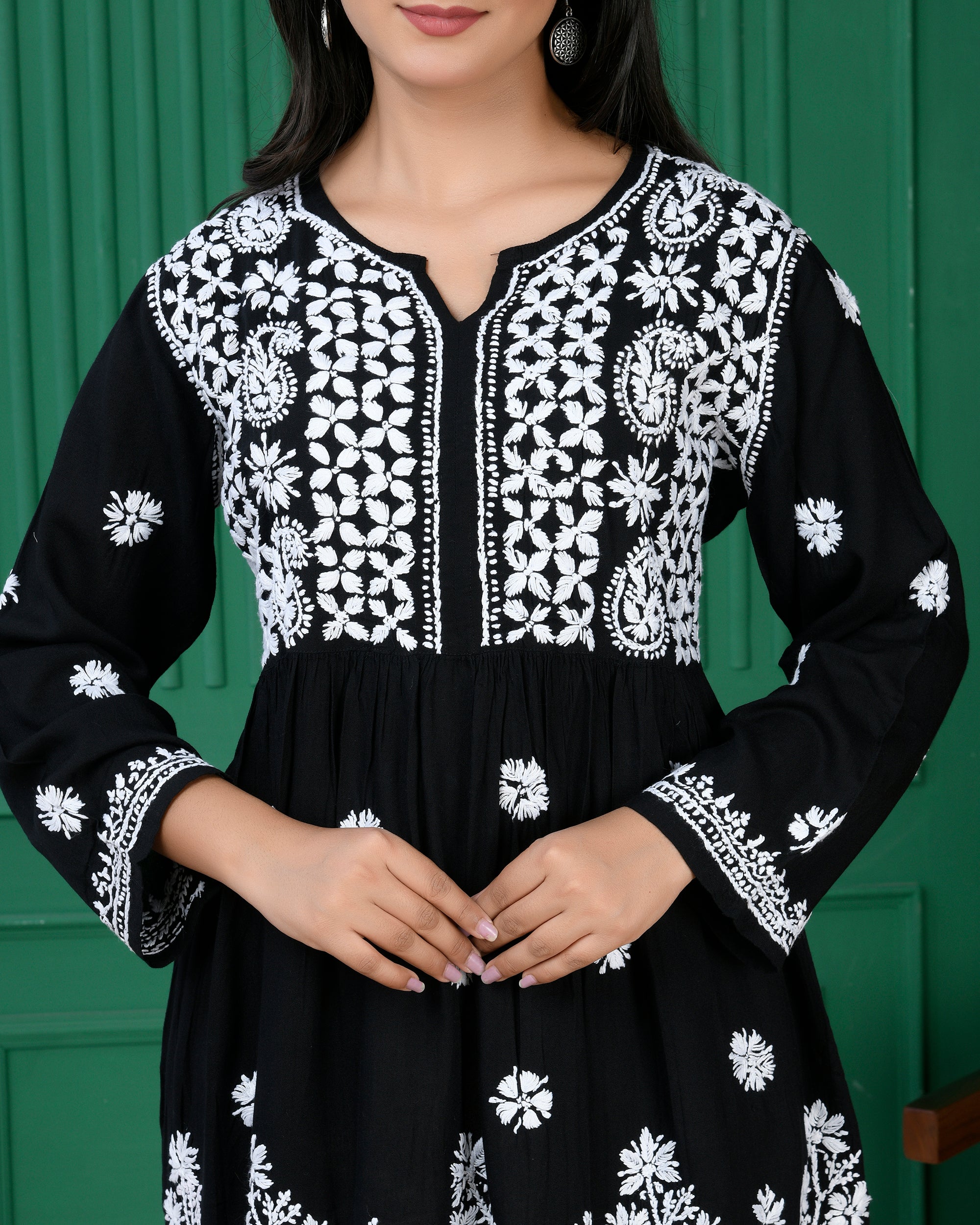 Chikankari Short Rayon Kurti - Black