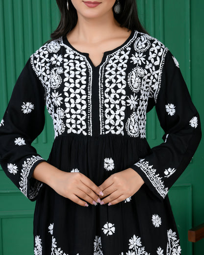 Chikankari Short Rayon Kurti - Black