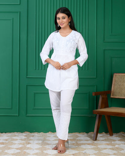 Hand Embroidery Chikankari Tunic for Women - White