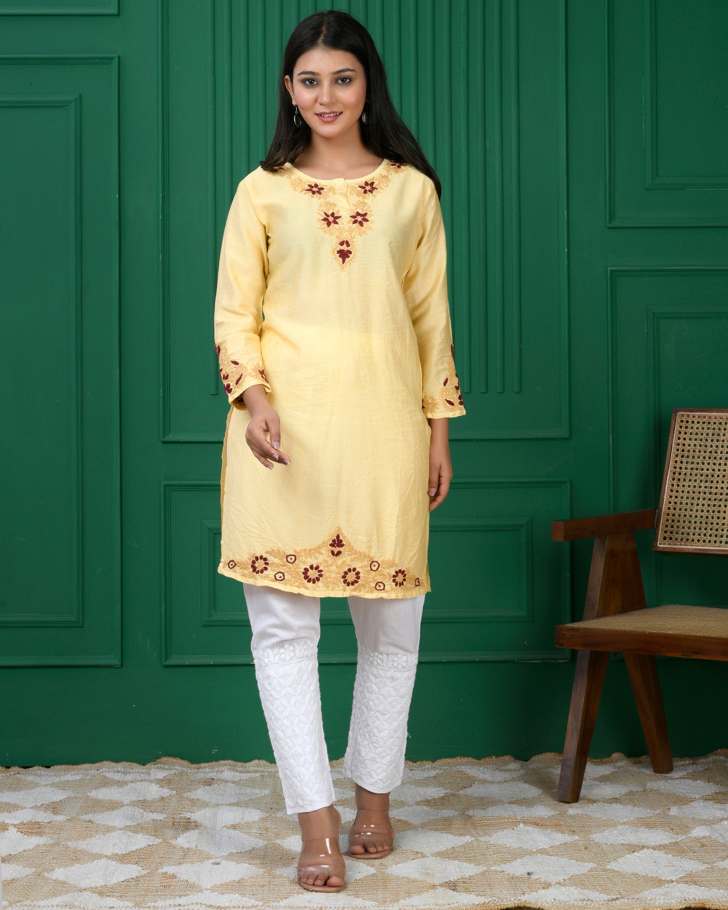 Chikankari Chanderi Silk Kurta for Women - Beige