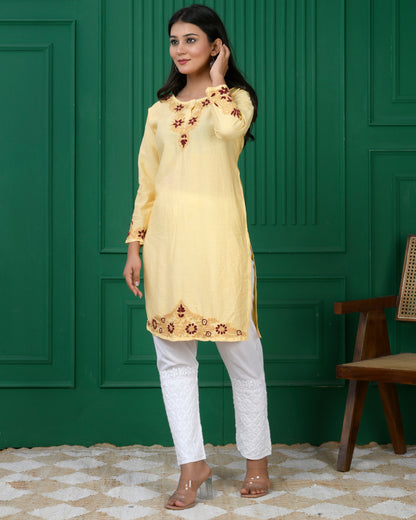 Chikankari Chanderi Silk Kurta for Women - Beige