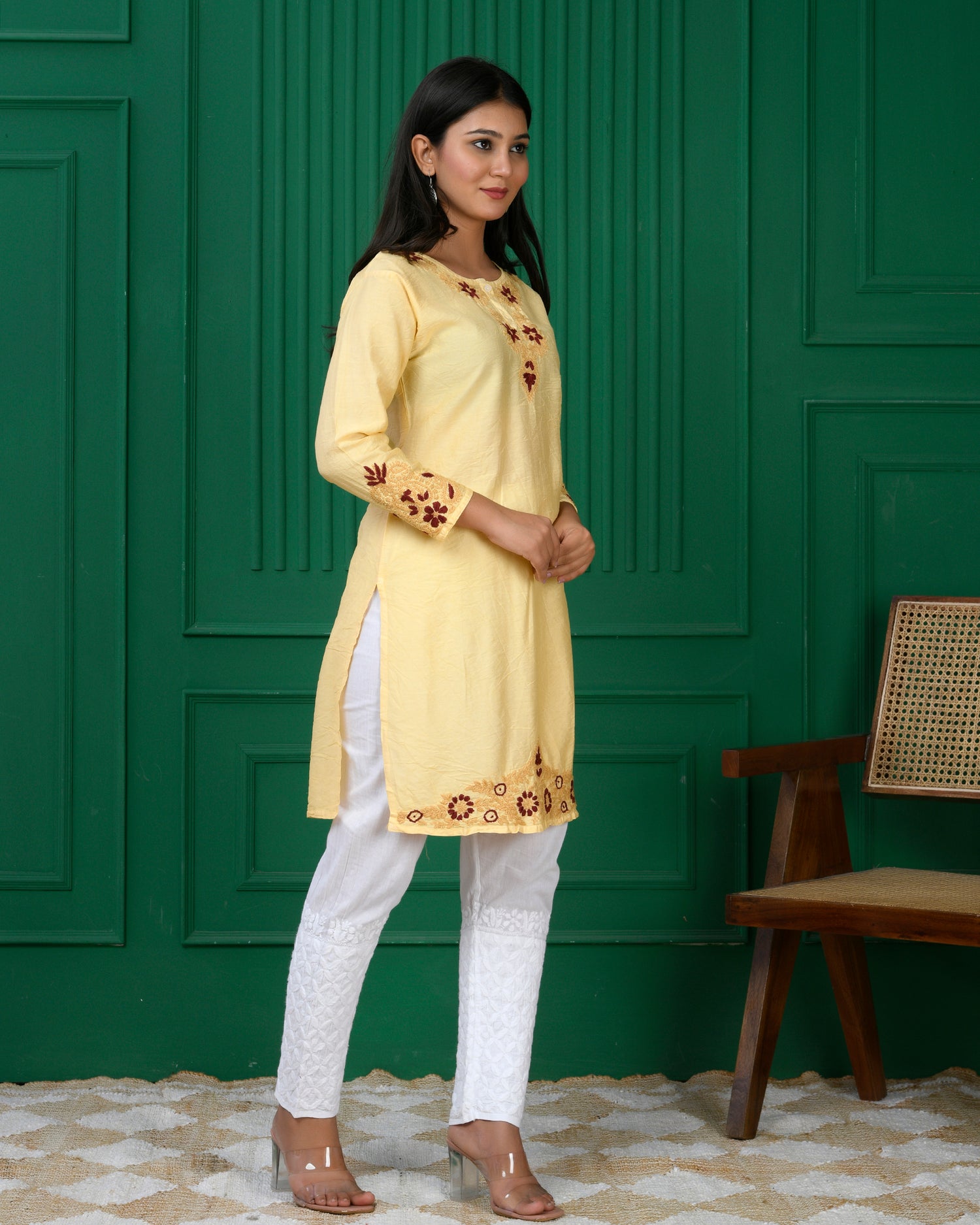 Chikankari Chanderi Silk Kurta for Women - Beige