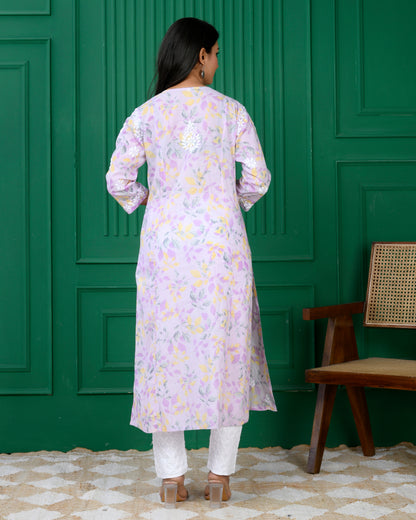 Mul Printed Hand Embroidery Chikankari Kurta- Lilac