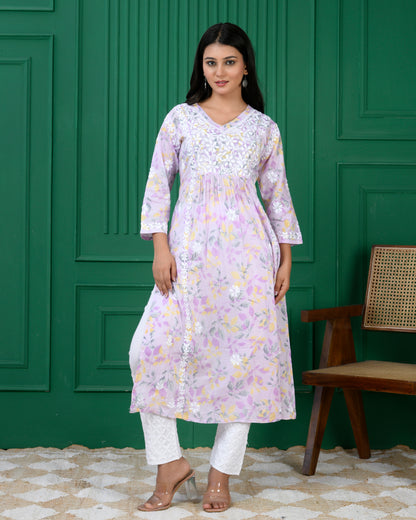 Mul Printed Hand Embroidery Chikankari Kurta- Lilac