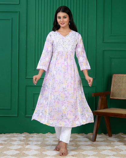 Mul Printed Hand Embroidery Chikankari Kurta- Lilac