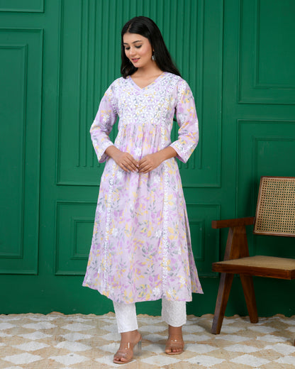 Mul Printed Hand Embroidery Chikankari Kurta- Lilac