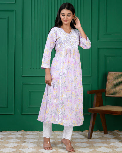 Mul Printed Hand Embroidery Chikankari Kurta- Lilac