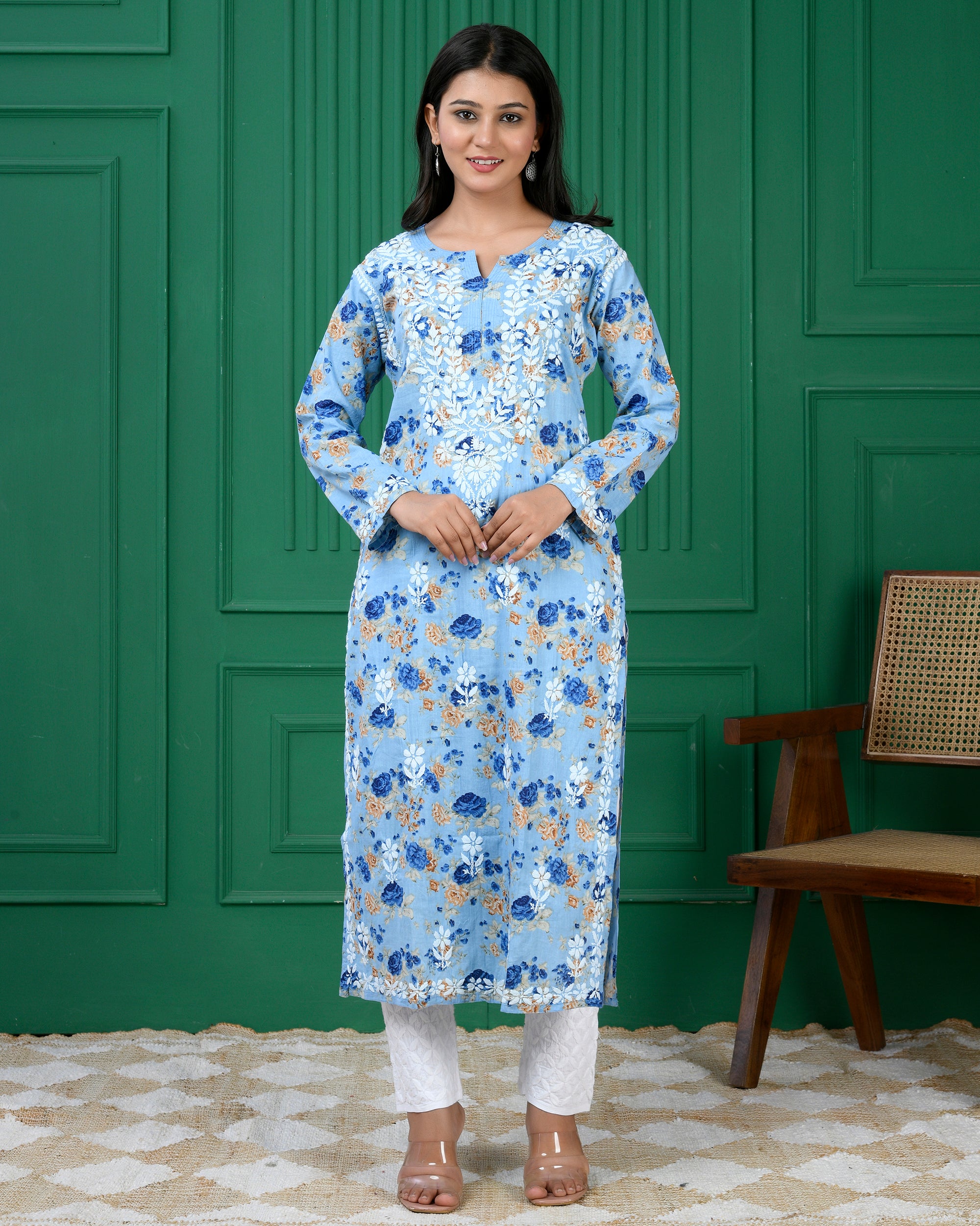 Chikankari Kurta in Mul cotton in Denim Blue