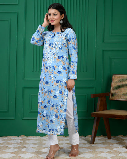 Chikankari Kurta in Mul cotton in Denim Blue