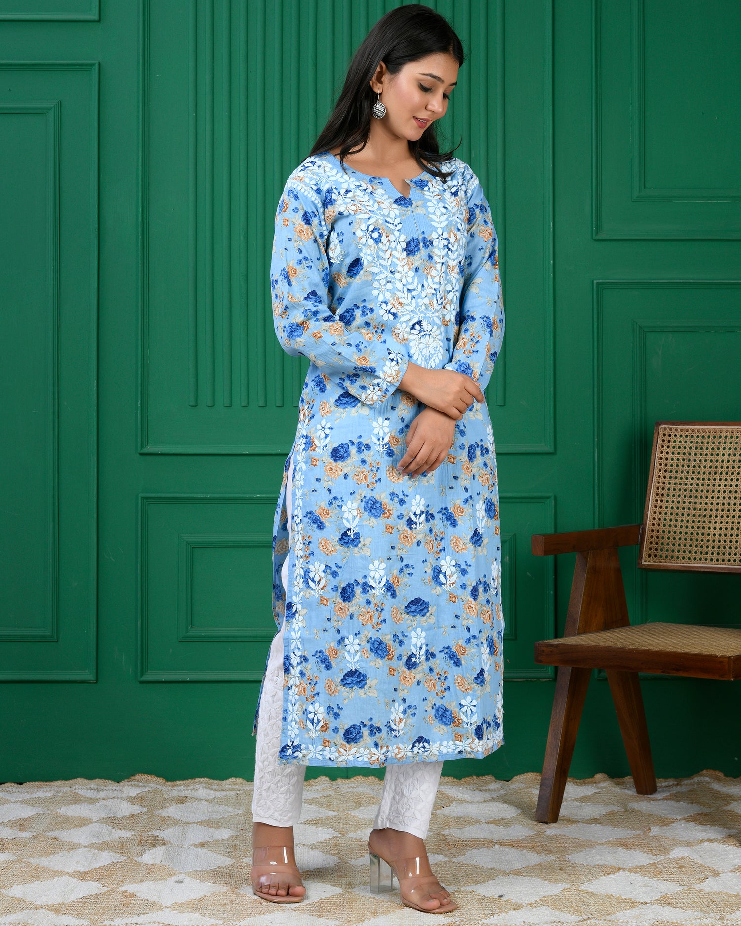 Chikankari Kurta in Mul cotton in Denim Blue