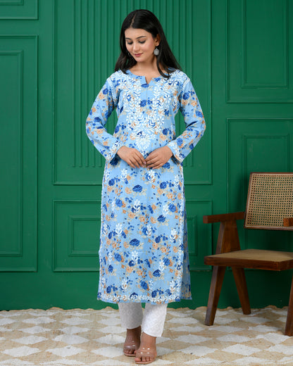 Chikankari Kurta in Mul cotton in Denim Blue