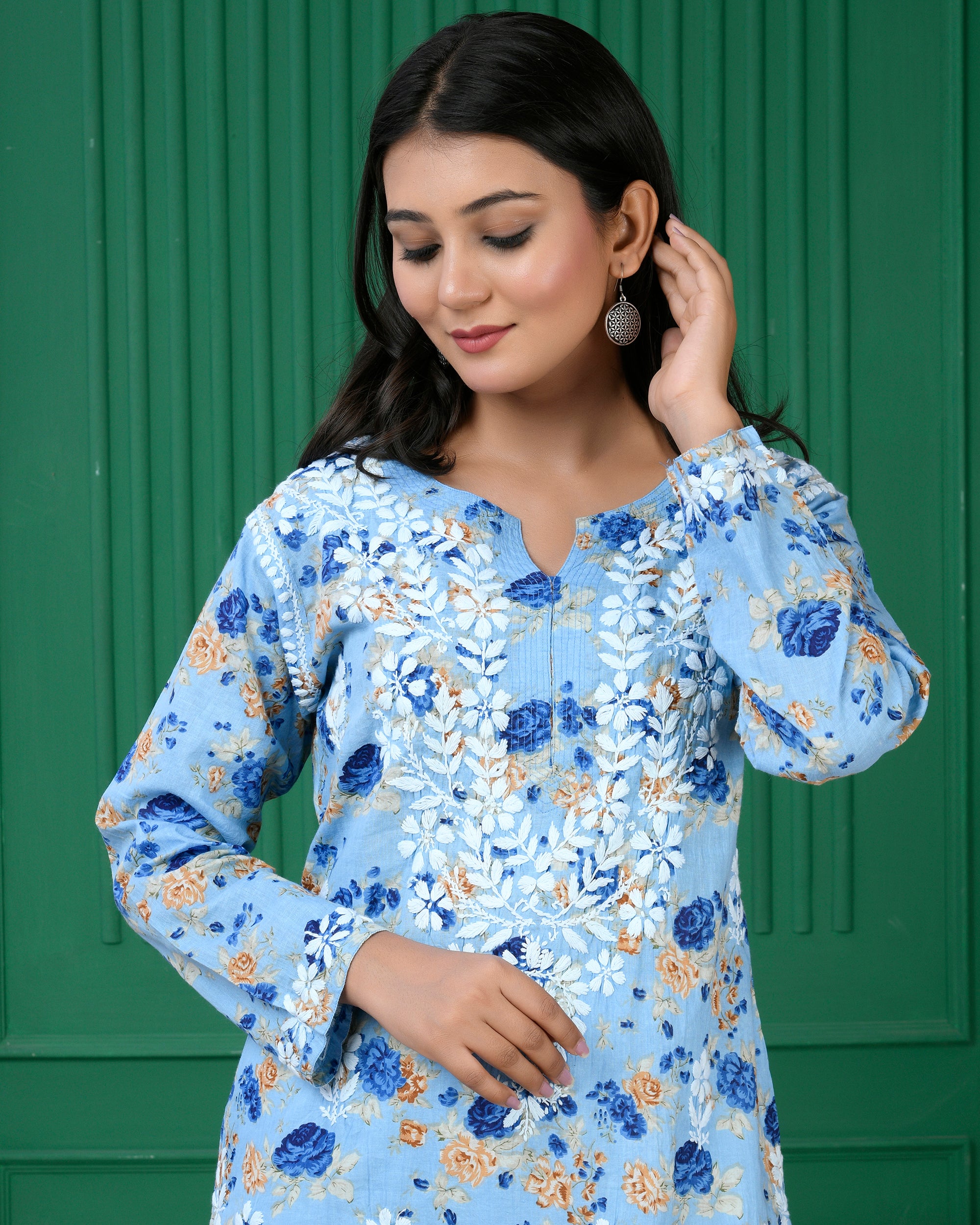 Chikankari Kurta in Mul cotton in Denim Blue