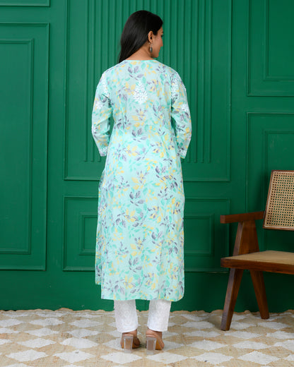 Mul Printed Hand Embroidery Chikankari Kurta- C Green