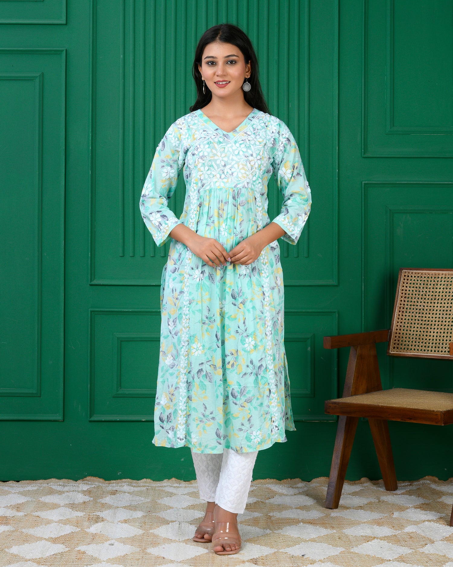 Mul Printed Hand Embroidery Chikankari Kurta- C Green