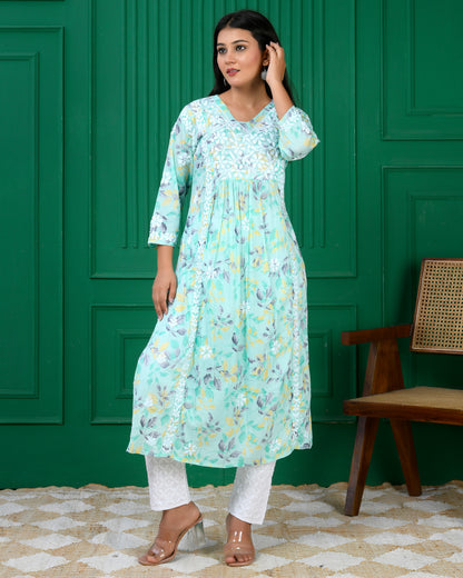 Mul Printed Hand Embroidery Chikankari Kurta- C Green