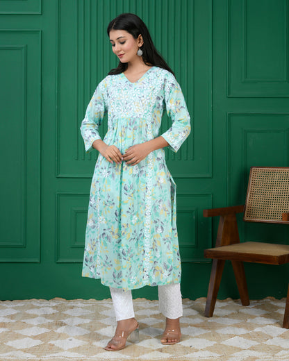 Mul Printed Hand Embroidery Chikankari Kurta- C Green