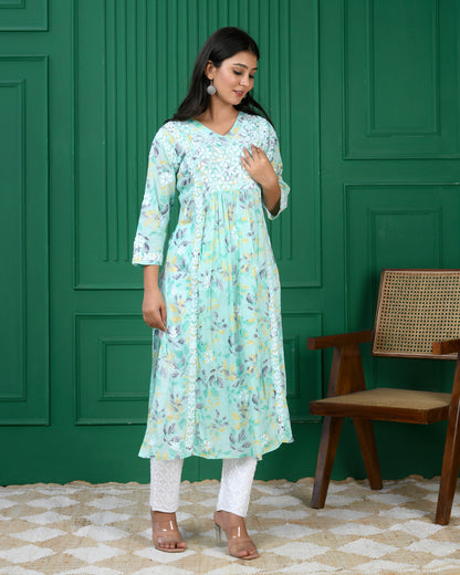 Mul Printed Hand Embroidery Chikankari Kurta- C Green