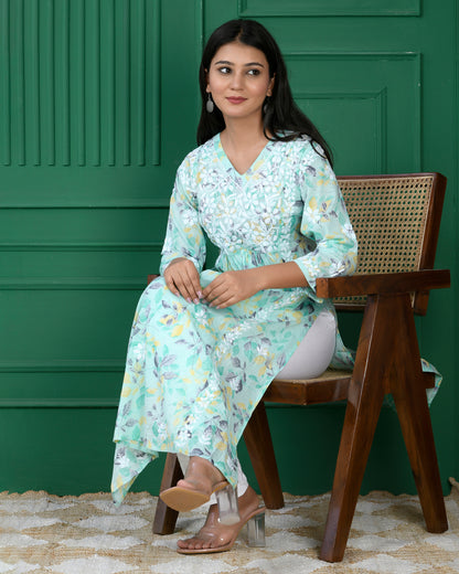 Mul Printed Hand Embroidery Chikankari Kurta- C Green