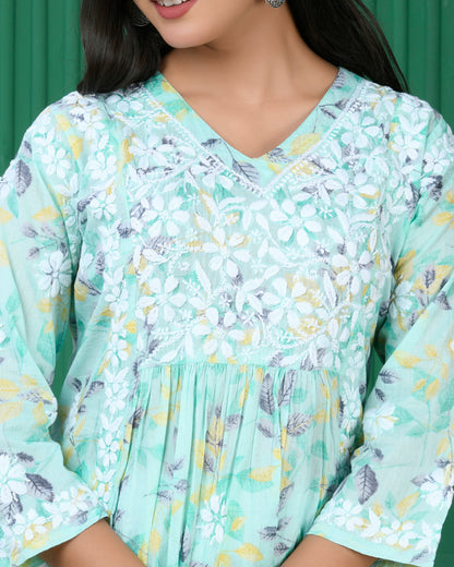 Mul Printed Hand Embroidery Chikankari Kurta- C Green