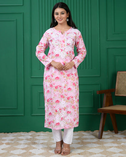 Chikankari Kurta in Mul cotton in Baby Pink