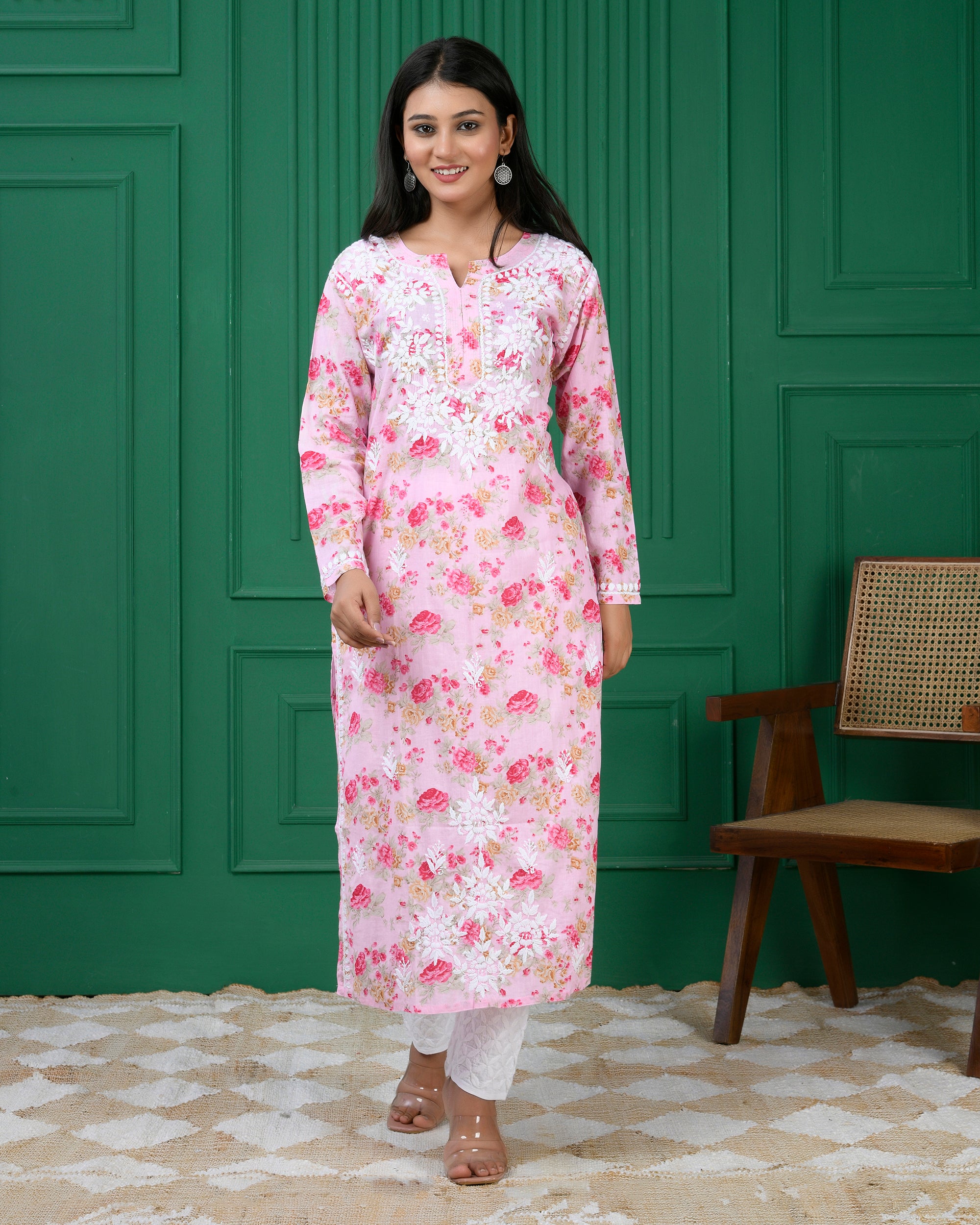 Chikankari Kurta in Mul cotton in Baby Pink