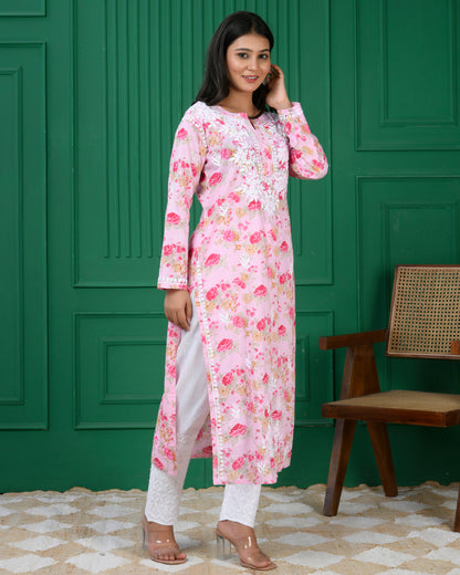 Chikankari Kurta in Mul cotton in Baby Pink