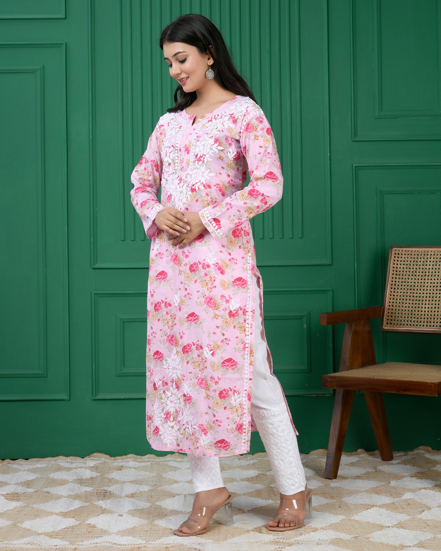 Chikankari Kurta in Mul cotton in Baby Pink