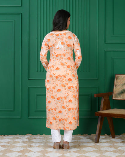 Chikankari Kurta in Mul cotton in Orange