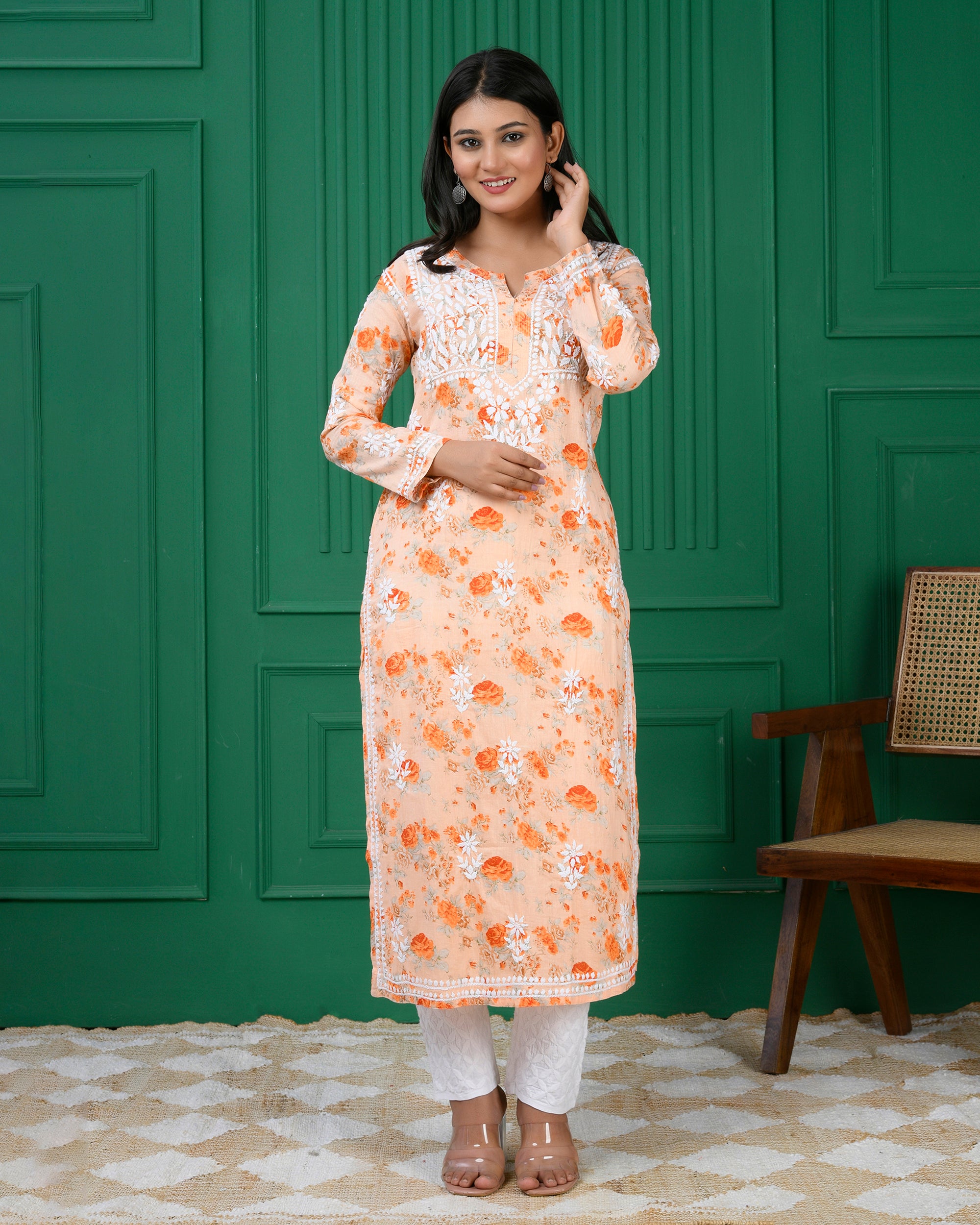 Chikankari Kurta in Mul cotton in Orange