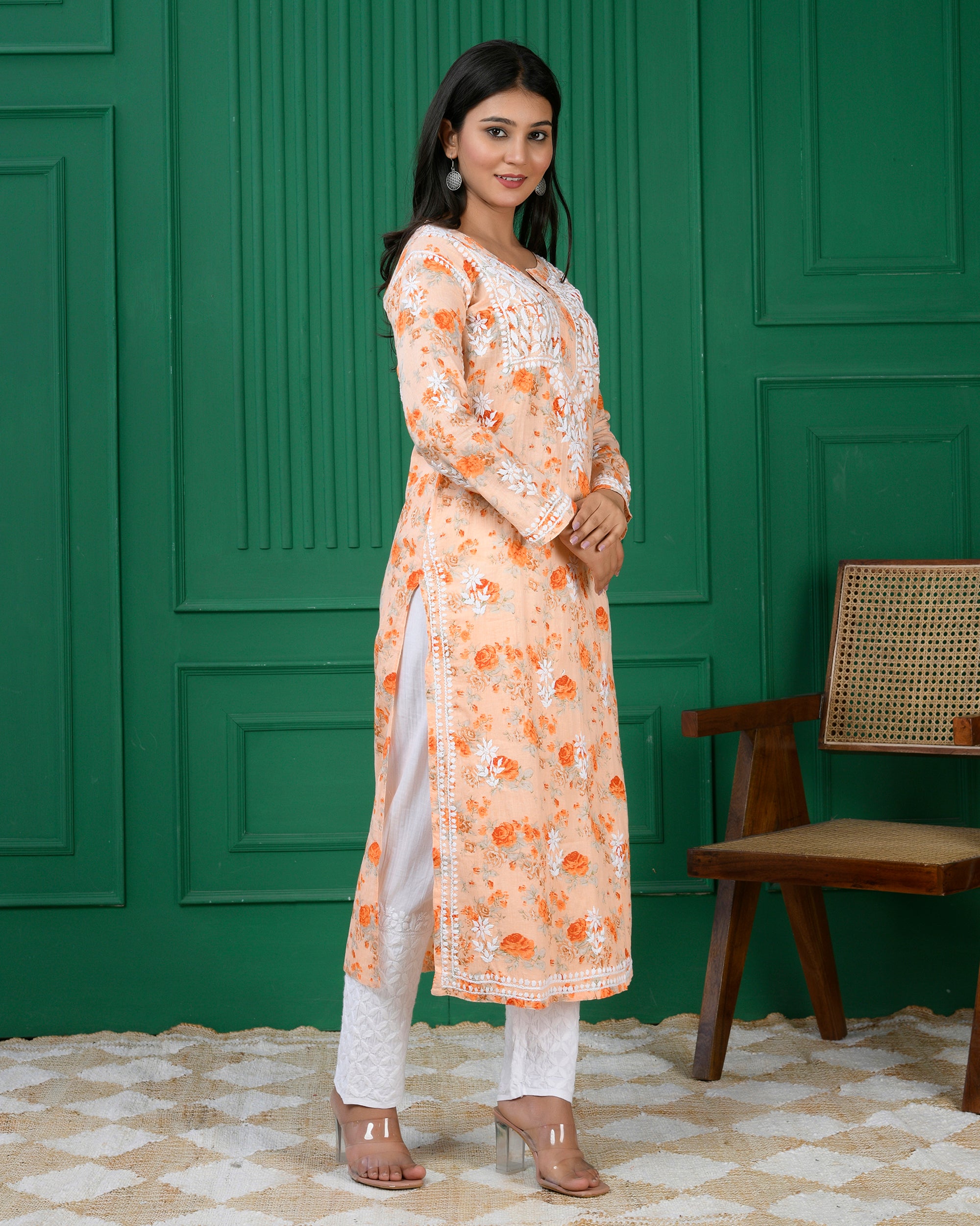 Chikankari Kurta in Mul cotton in Orange