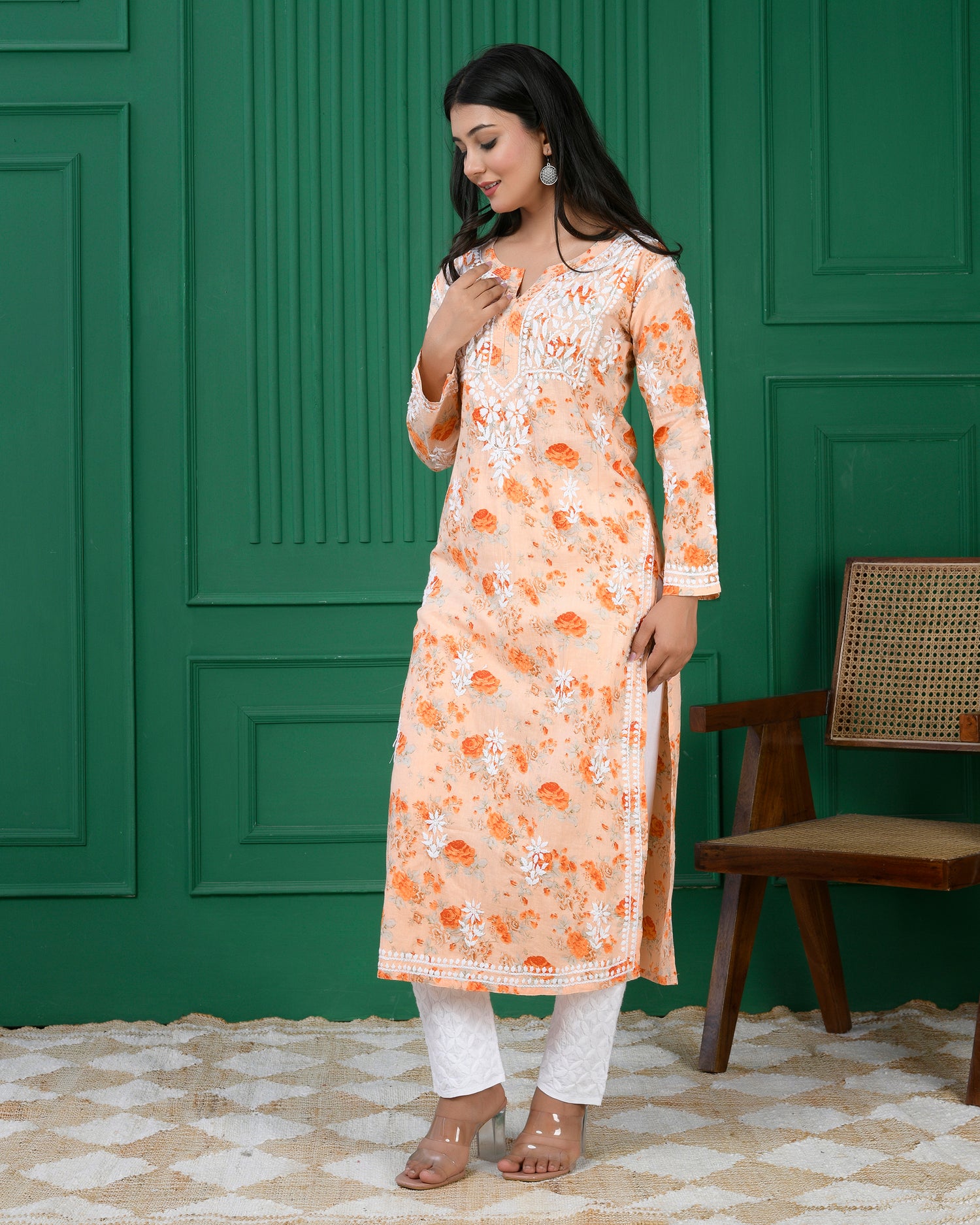 Chikankari Kurta in Mul cotton in Orange