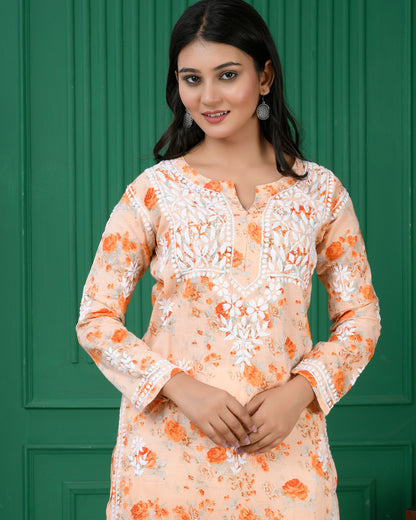 Chikankari Kurta in Mul cotton in Orange